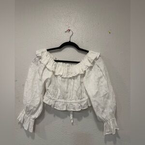 DISSH White 100% Linen Off Shoulder Ruffle Crop Blouse Peasant Top Sz AU 6 US 2